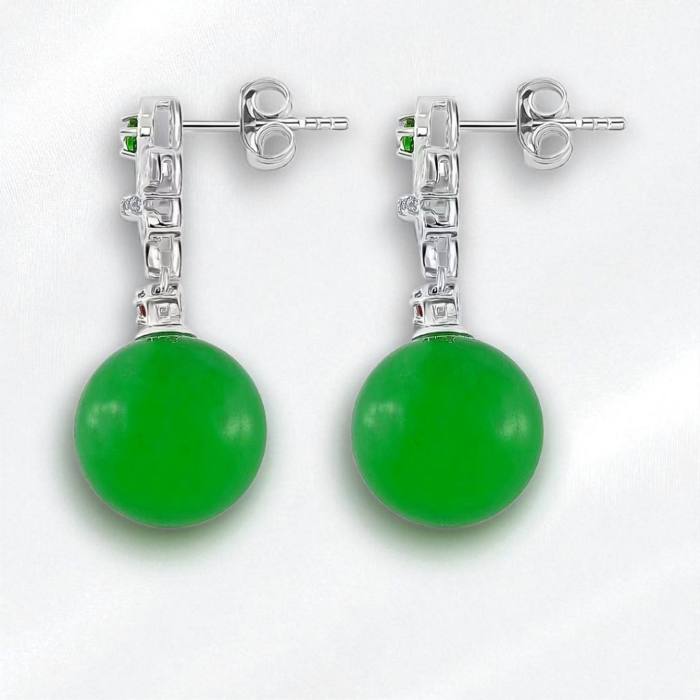 Green Jade Gemstone Fleur De Lis Earrings Sterling - Picture 4 of 5